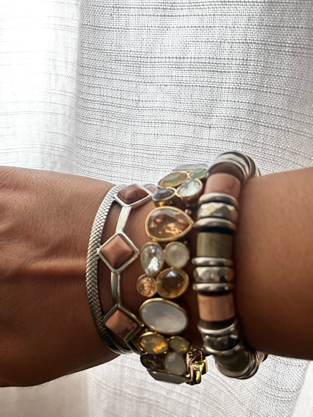Mixed Metal and Gemstone Stackable Bracelet Set - Gold and Silver